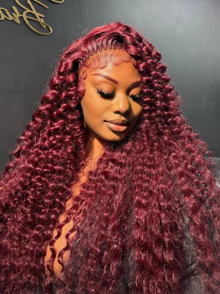 99J Burgundy 210 Density Deep Wave Lace Frontal Wig 13x6 Transparent Lace Front Curly Human Hair Wigs Pre Plucked Human Hair Wig
