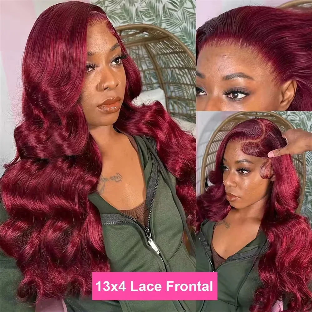 30 Inch 99J Burgundy Lace Front Wigs Human Hair Pre Plucked 200% Density Body Wave Lace Front Wigs Human Hair Wig Transparent