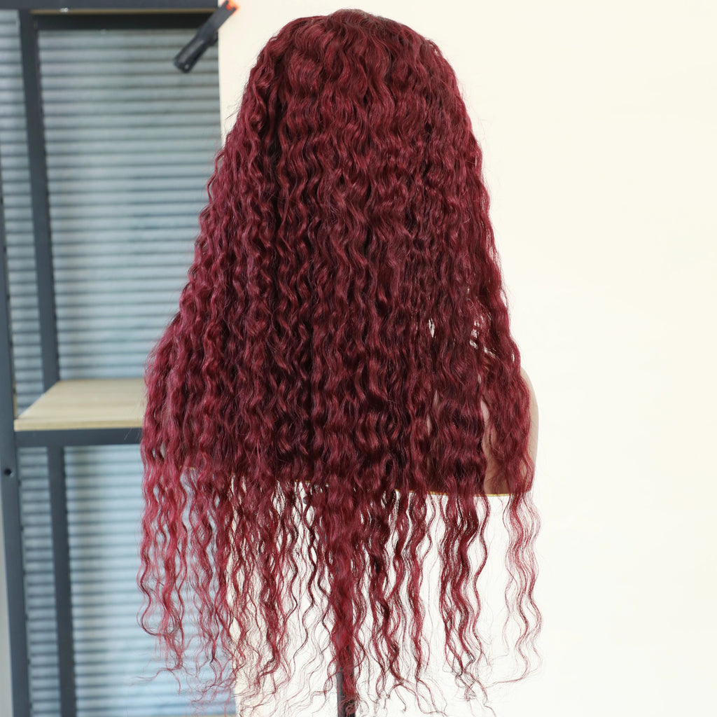 220 Density Human Hair Deep Wave 99J Burgundy 13x4 Lace Frontal Wig 30 32 Inch HD Lace Front Wigs Water Brazilian Curly wigs