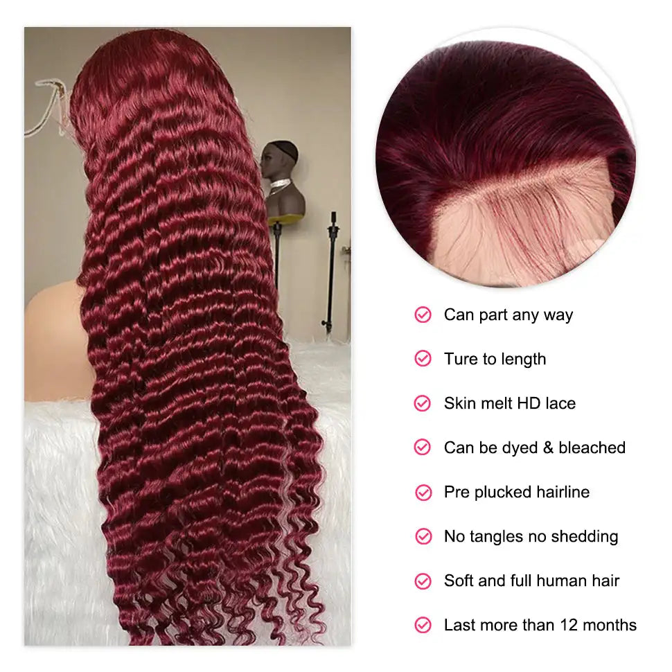 99J Burgundy 210 Density Deep Wave Lace Frontal Wig 13x6 Transparent Lace Front Curly Human Hair Wigs Pre Plucked Human Hair Wig