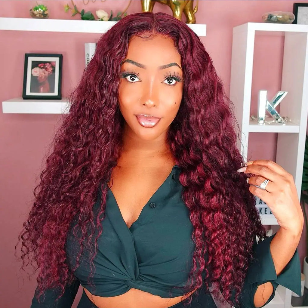 99J Burgundy 210 Density Deep Wave Lace Frontal Wig 13x6 Transparent Lace Front Curly Human Hair Wigs Pre Plucked Human Hair Wig