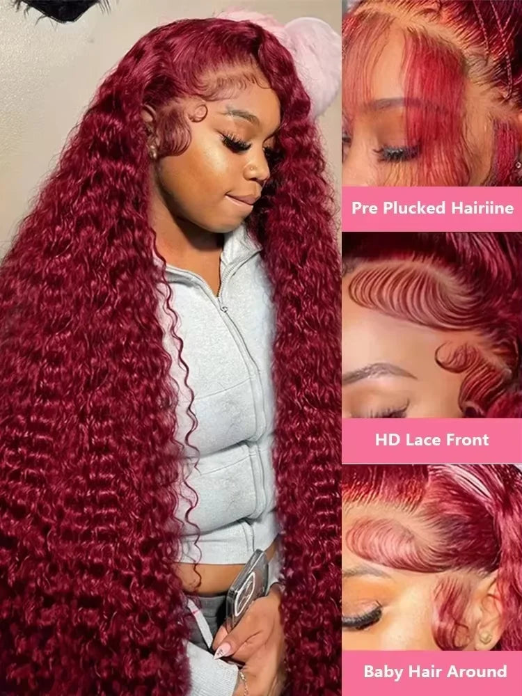 220 Density Human Hair Deep Wave 99J Burgundy 13x4 Lace Frontal Wig 30 32 Inch HD Lace Front Wigs Water Brazilian Curly wigs