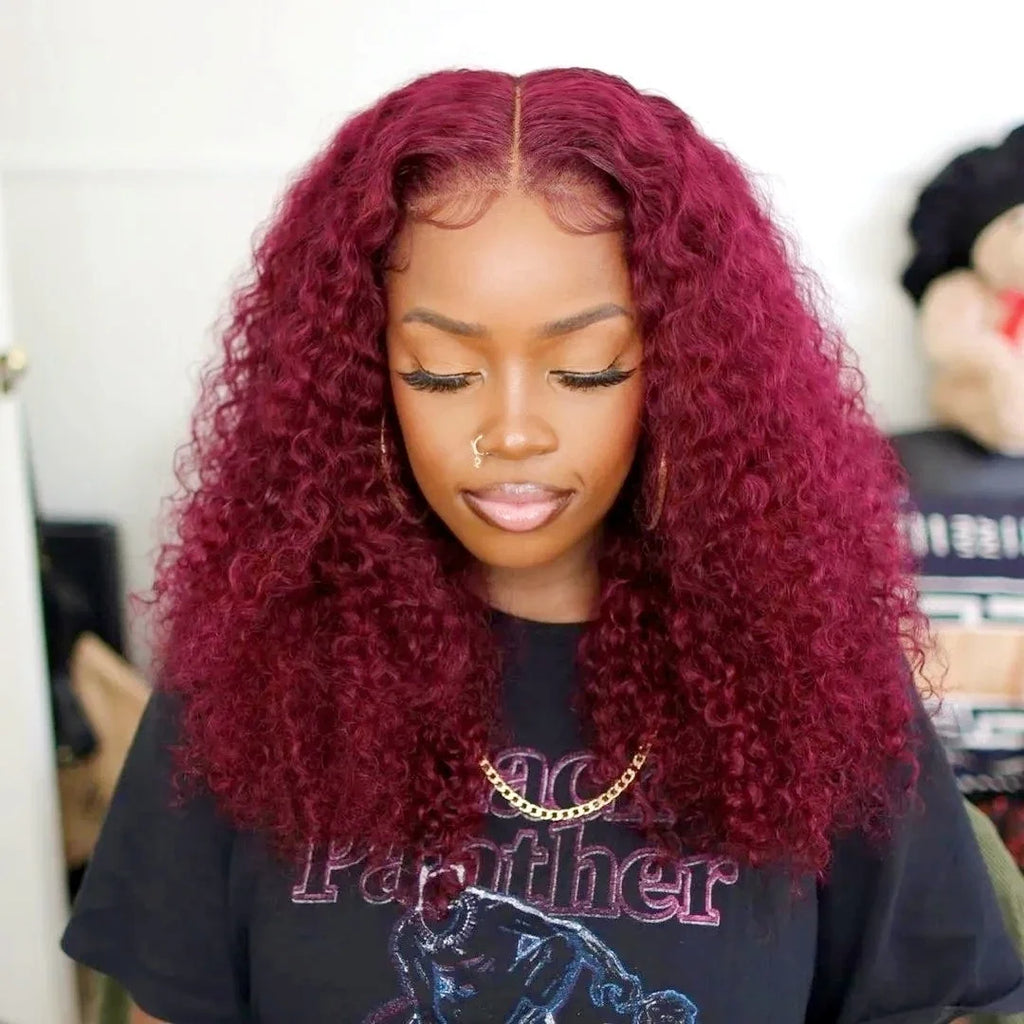 13x6 Deep Curly HD Lace Frontal Wig 30Inch Glueless Wear And Go 99J Burgundy Red Colored Deep Wave Lace Front Human Hair Wigs
