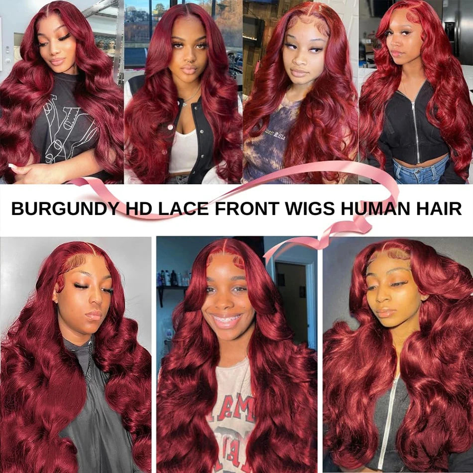 Body Wave 99j Burgundy 13x6 Hd Frontal Human Hair Wig For Women 250% 30 34inch Brazilian Glueless Red Lace Front Wigs On Sale