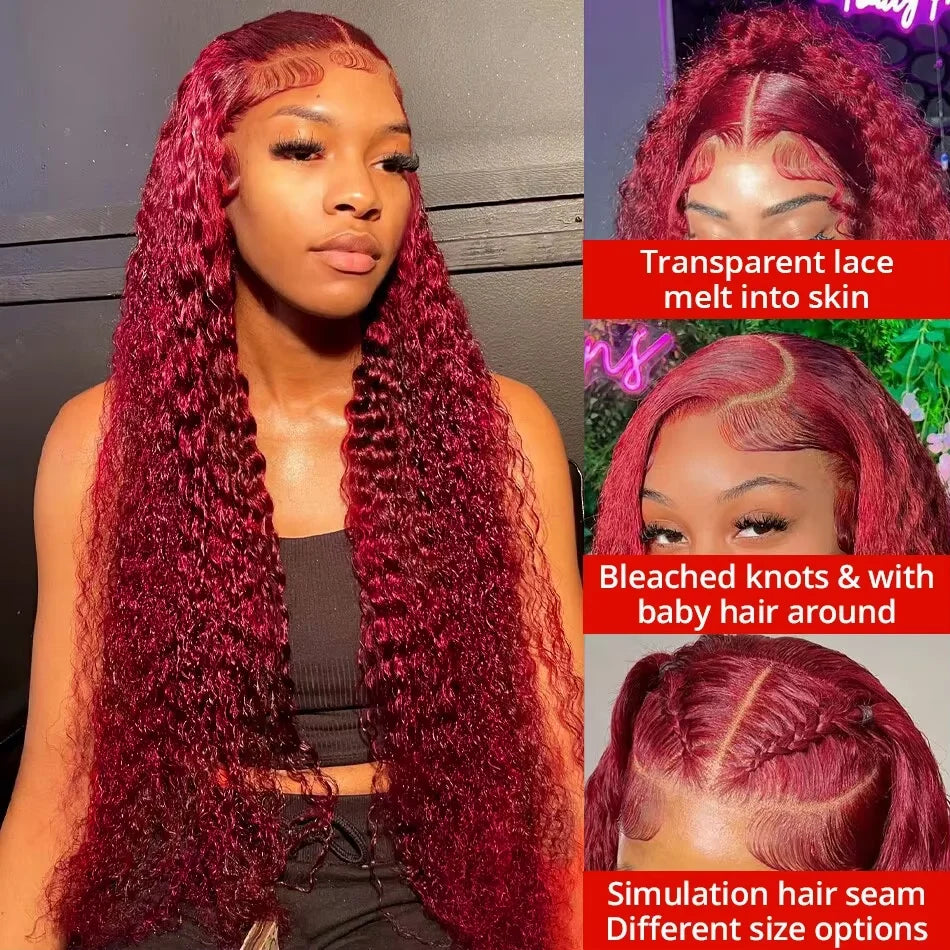 220 Density Human Hair Deep Wave 99J Burgundy 13x4 Lace Frontal Wig 30 32 Inch HD Lace Front Wigs Water Brazilian Curly wigs