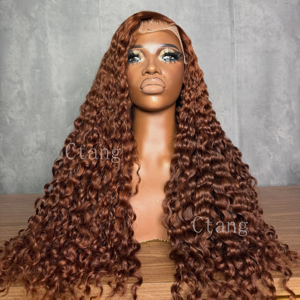Custom Ginger Brown Color Human Hair Wig Water Wave 400 Density For Women 13x6 Hd Lace Human Hair Wigs Brazilian Color Curly Wig