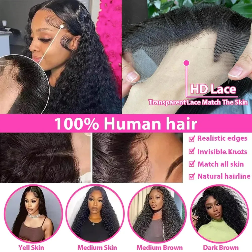 40 Inch 13x6 HD Lace Front Wig 210% Density Deep Wave Human Hair Wig Brazilian Virgin Curly Human Hair Wig For Women 13x4 Lace Frontal Wigs With Baby Hair Pre Plucked Hairline Natural Color