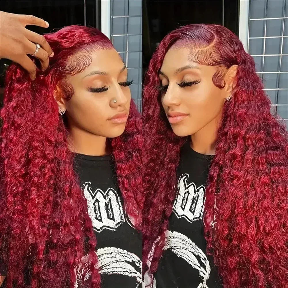 220 Density Human Hair Deep Wave 99J Burgundy 13x4 Lace Frontal Wig 30 32 Inch HD Lace Front Wigs Water Brazilian Curly wigs