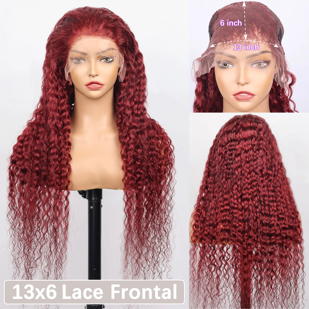 220 Density Human Hair Deep Wave 99J Burgundy 13x4 Lace Frontal Wig 30 32 Inch HD Lace Front Wigs Water Brazilian Curly wigs