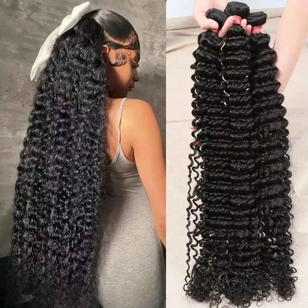40 Inch Deep Wave Brazilian Human Hair Bundles 1/3/4 PCS Natural Black Unprocessed Remy Hair Extensions Weave Bundles Soft Silky