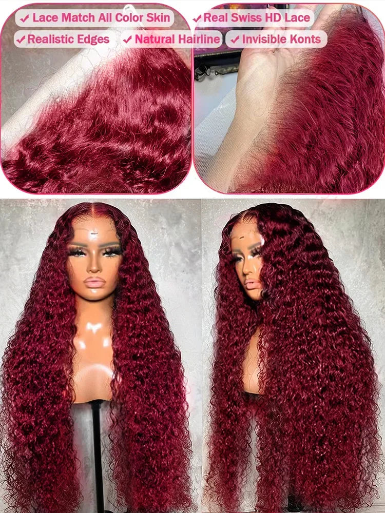 13x6 Deep Curly HD Lace Frontal Wig 30Inch Glueless Wear And Go 99J Burgundy Red Colored Deep Wave Lace Front Human Hair Wigs