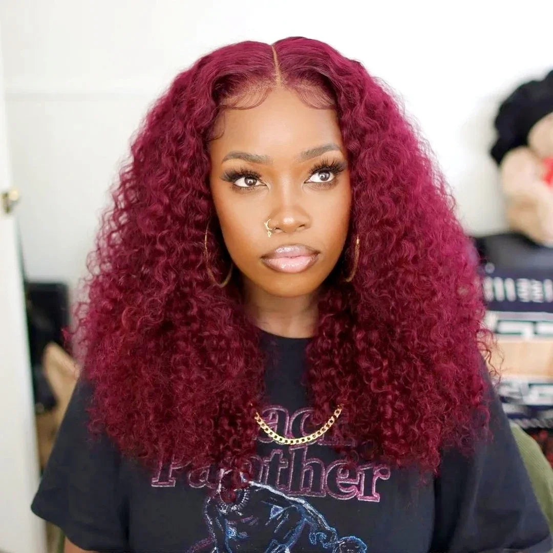 13x6 Deep Curly HD Lace Frontal Wig 30Inch Glueless Wear And Go 99J Burgundy Red Colored Deep Wave Lace Front Human Hair Wigs